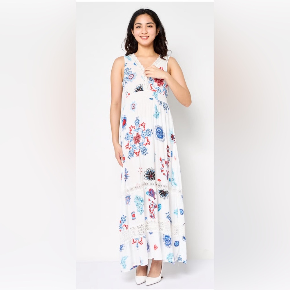 Desigual White and Blue Floral Maxi Dress